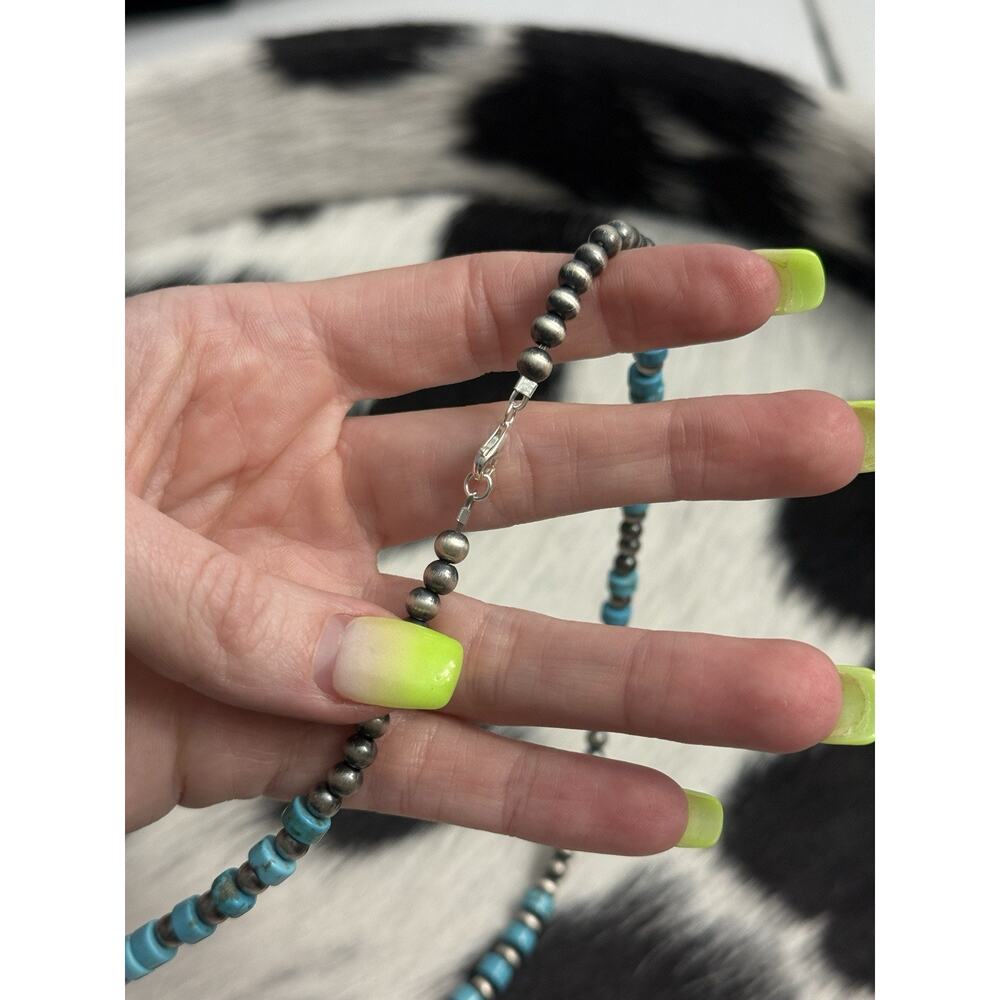 Native American Sterling Silver 5mm Navajo Pearl 6mm Turquoise HEISHI Necklace - Picture 7 of 9